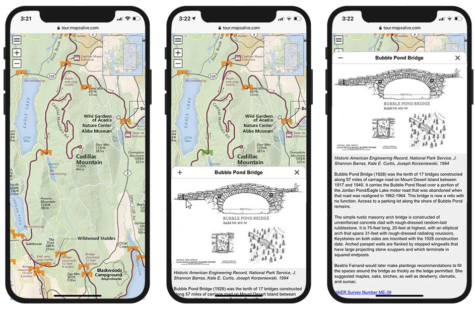 Three screenshot of an interactive map running on a phone in mobile mode.